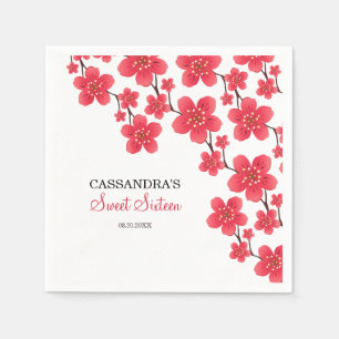 Chic Red Cherry Blossom Floral Botanical Birthday Napkins