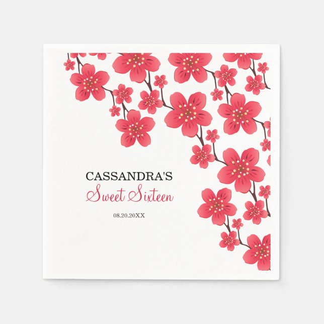 Chic Red Cherry Blossom Floral Botanical Birthday Napkins (Front)