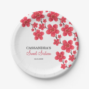 Chic Red Cherry Blossom Floral Botanical Birthday Paper Plates