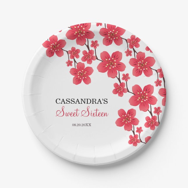 Chic Red Cherry Blossom Floral Botanical Birthday Paper Plates (Front)