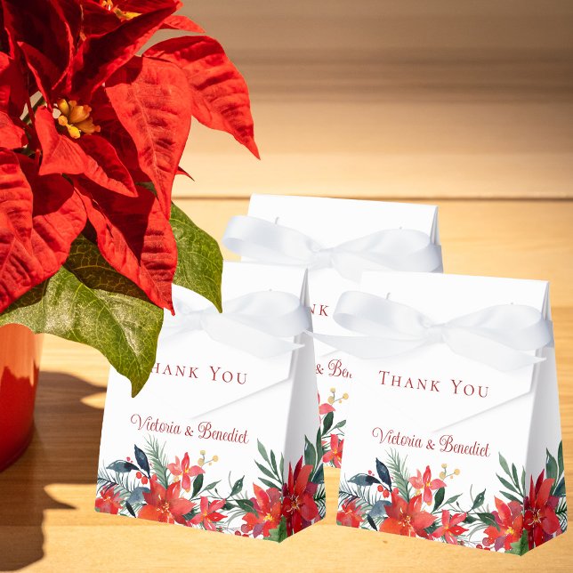 Chic Red Christmas Poinsettia Floral Wedding Party Favor Boxes (Creator Uploaded)