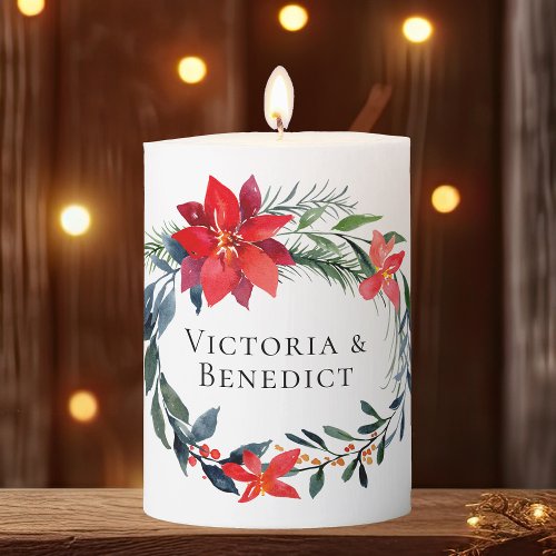 Chic Red Christmas Poinsettia Floral Wedding Pillar Candle