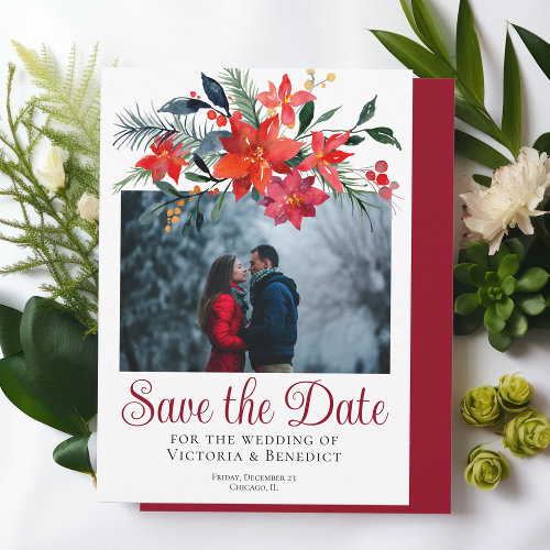 Chic Red Christmas Poinsettia Photo Save the Date Invitation