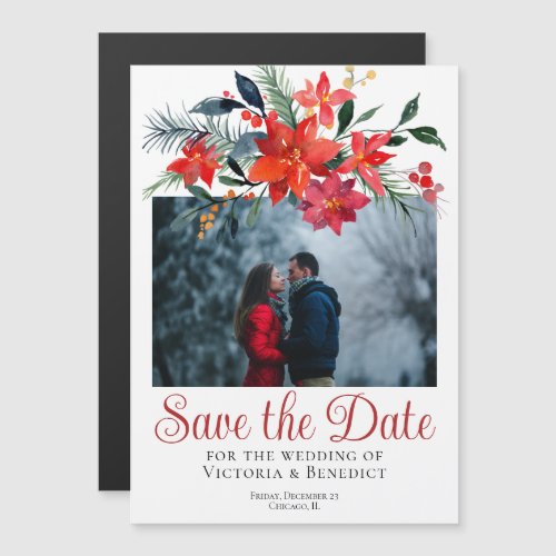 Chic Red Christmas Poinsettia Photo Save the Date Magnetic Invitation