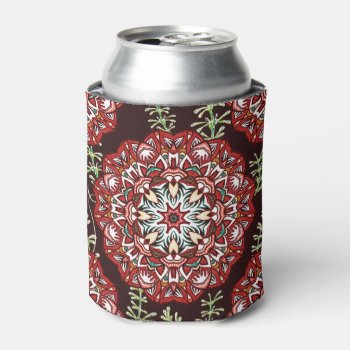 Chic Red Circular Flower Pattern Can Cooler by GiftStation at Zazzle