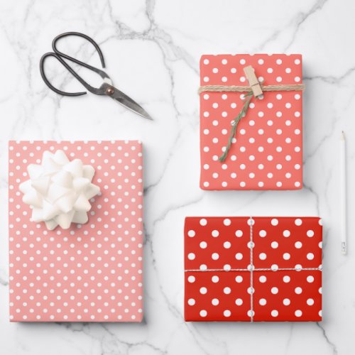 Chic Red Coral Orange White Polka Dots Pattern Wrapping Paper Sheets