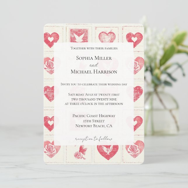 Chic Red Cream Hearts Wedding Invitation (Standing Front)