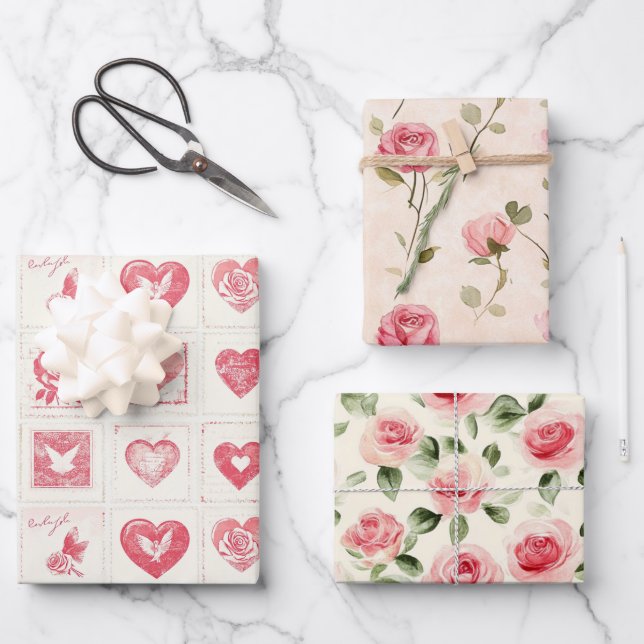 Chic Red Cream Love Hearts Wedding Wrapping Paper Sheets (Front)