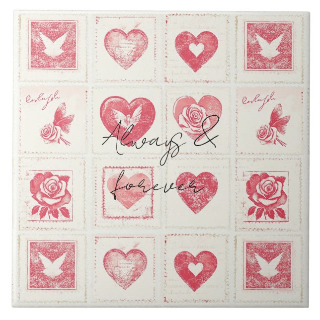 Chic Red Cream Valentine Love Wedding Ceramic Tile (Front)