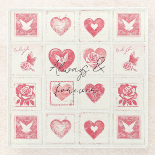 Chic Red Cream Valentine Love Wedding Glass Coaster