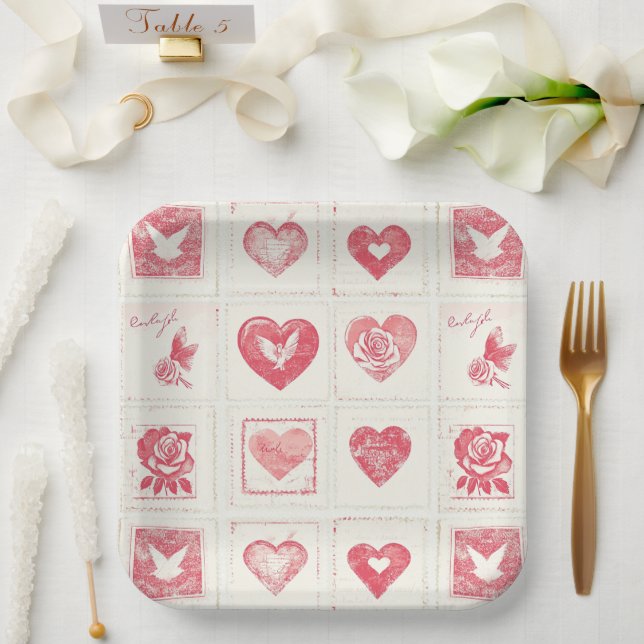 Chic Red Cream Valentine Love Wedding Paper Plates (Wedding)