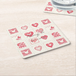 Chic Red Cream Valentine Love Wedding Square Paper Coaster