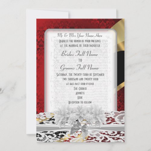 Chic red damask and white lace wedding invitation