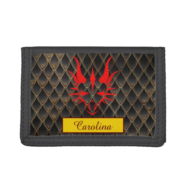 Chic Red Dragon Head & Brown Dragon Scales Trifold Wallet (Front)