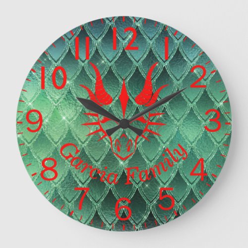 Chic Red Dragon Head  Green Dragon Scales Large Clock