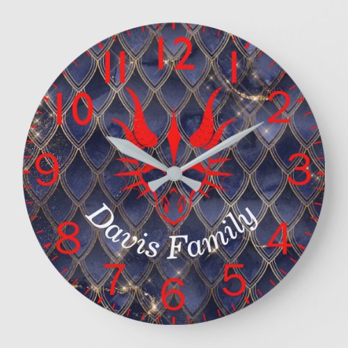 Chic Red Dragon Head on Blue Dragon Scales Large Clock