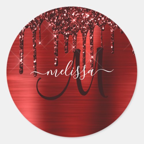 Chic Red Dripping Glitter Brushed Metal Glam Classic Round Sticker