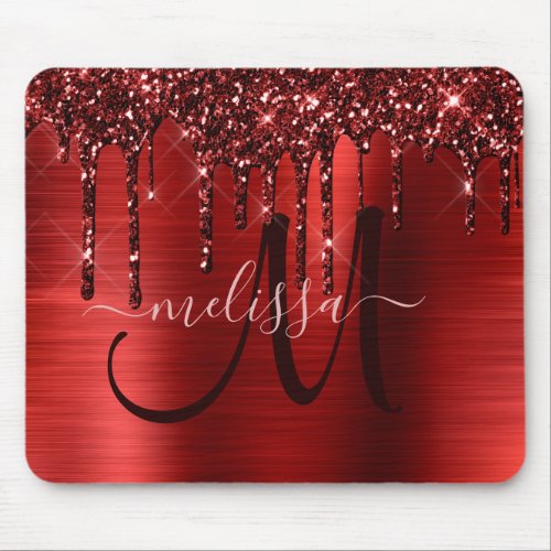 Chic  Red Dripping Glitter Metal Monogram Mouse Mouse Pad