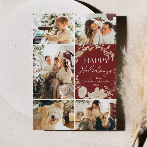 Chic Red Family Photo Collage  Holiday Card