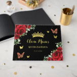 Chic Red Floral Butterflies Black Quinceanera Gold Foil Guest Book<br><div class="desc">Coordinate your party with this elegant real foil personalized Red Roses Floral Guest Book! Personalize it easily and quickly, simply press the Edit Using Design Tool button to further re-arrange and format the style and placement of the text and images. Featuring beautiful vibrant watercolor red roses, red and gold butterflies...</div>