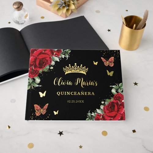 Chic Red Floral Butterflies Black Quinceanera Gold