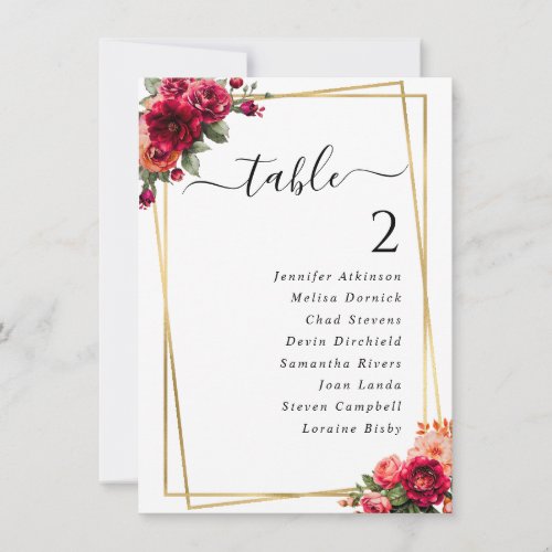 Chic red floral faux gold wedding seating chart