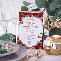 Chic Red Floral Gold Quinceanera Bar Drink Menu Photo Print