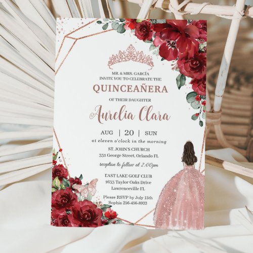 Chic Red Floral Rose Gold Girl Dress Quinceaera Invitation