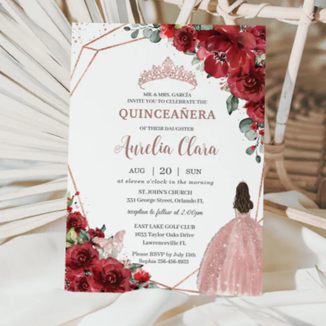 Chic Red Floral Rose Gold Girl Dress Quinceaera Invitation | Zazzle
