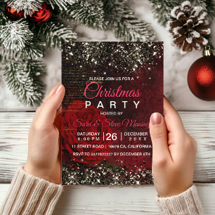 Chic red flower black faux gold glitter Christmas Invitation