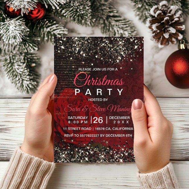 Chic red flower black faux gold glitter Christmas  Invitation (Creator Uploaded)