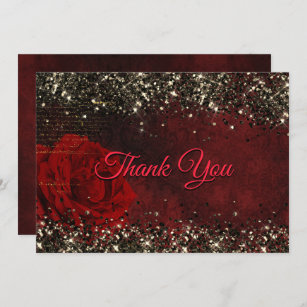Chic red flower black faux gold glitter thank you card