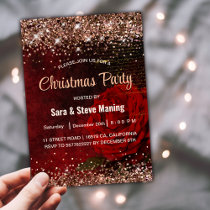 Chic red flower faux gold glitter Christmas  Invitation