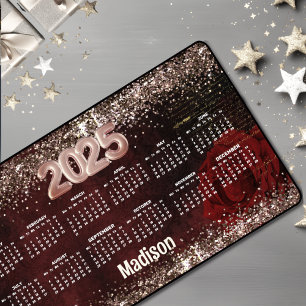 Chic red flower faux gold glitter monogram 2025 desk mat