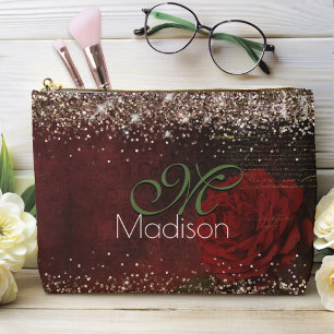 Chic red flower faux gold glitter monogram accessory pouch