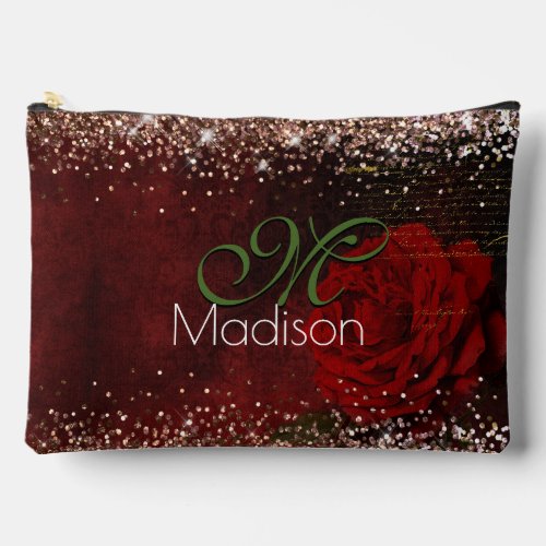 Chic red flower faux gold glitter monogram accessory pouch