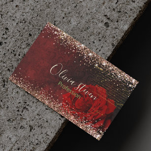 Chic red flower faux gold glitter monogram business card magnet