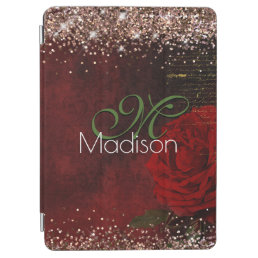 Chic red flower faux gold glitter monogram iPad air cover