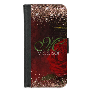 Chic red flower faux gold glitter monogram iPhone 8/7 wallet case