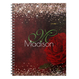 Chic red flower faux gold glitter monogram notebook