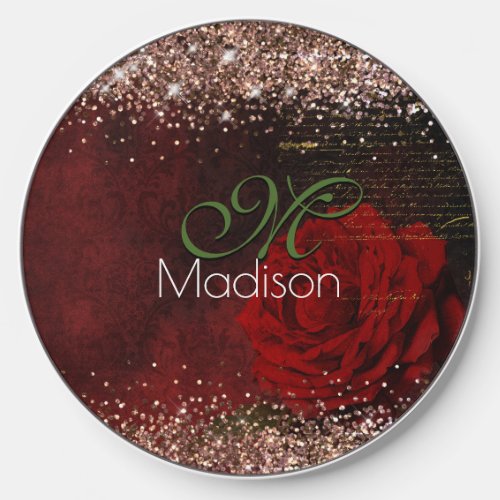 Chic red flower faux gold glitter monogram wireless charger 