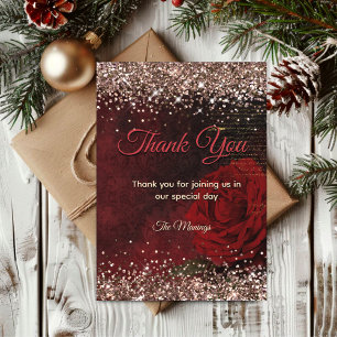 Chic red flower faux gold glitter thank you card