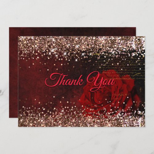 Chic red flower faux gold glitter thank you card