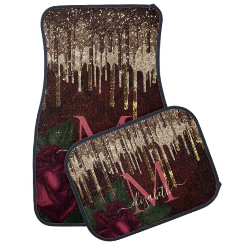 Chic red flower gold drippings glitter monogram car floor mat