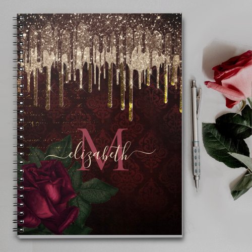 Chic red flower gold drippings glitter monogram notebook