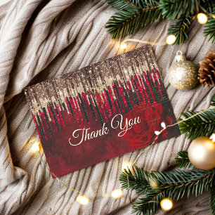 Chic red flower gold drippings glitter monogram thank you card