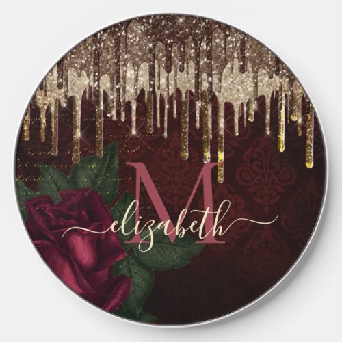 Chic red flower gold drippings glitter monogram wireless charger 