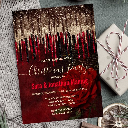 Chic red flower gold drips glitter Christmas  Invitation