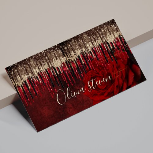 Chic red flower gold drips glitter monogram business card magnet