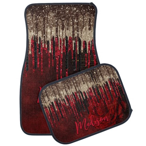 Chic red flower gold drips glitter monogram car floor mat